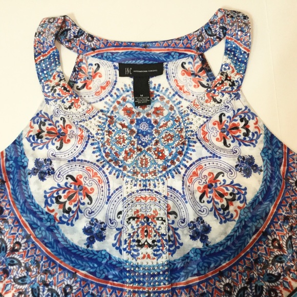 INC Sleeveless Semi-Sheer BOHO Print Top Crystals - Picture 2 of 5